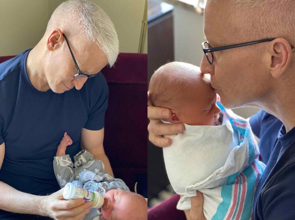 two side-by-side photos of Anderson Cooper with his newborn son