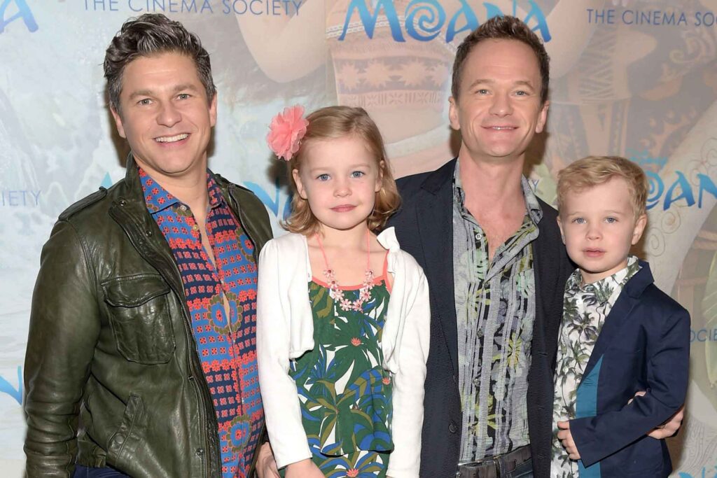 Neil Patrick Harris and David Burtka with their son and daughter at Moana event