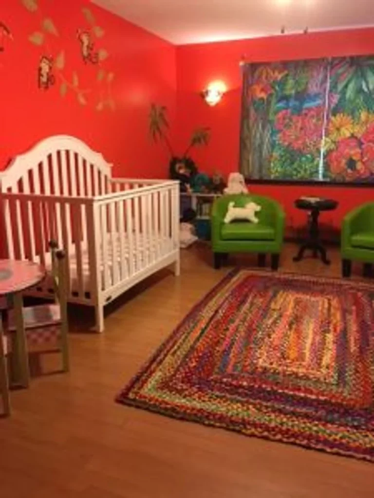 A baby's nusery with red walls