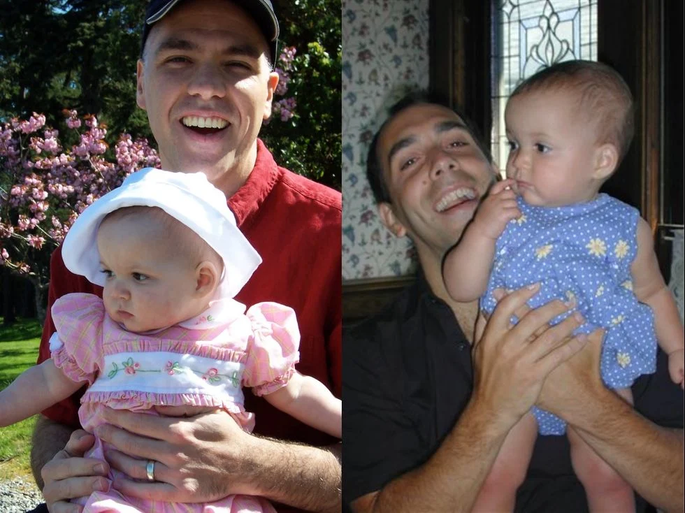 Side by side photos.  One dad with their daughter and one dad holding their son