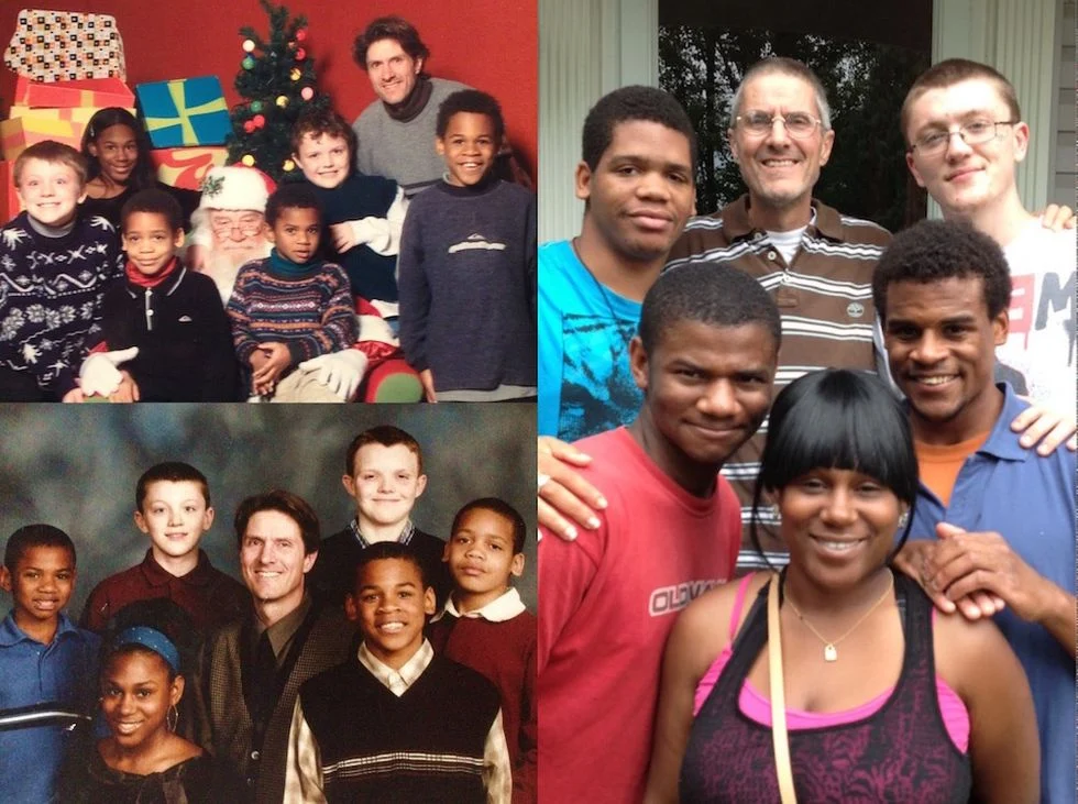 Collage of three photos of a single foster dad posing with his five children