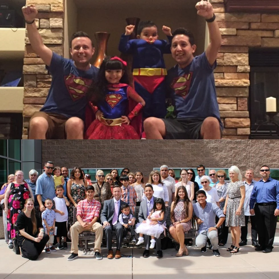 Collage of two photos.  One of two dads and their foster children in superman costumes. the other at a large family gathering