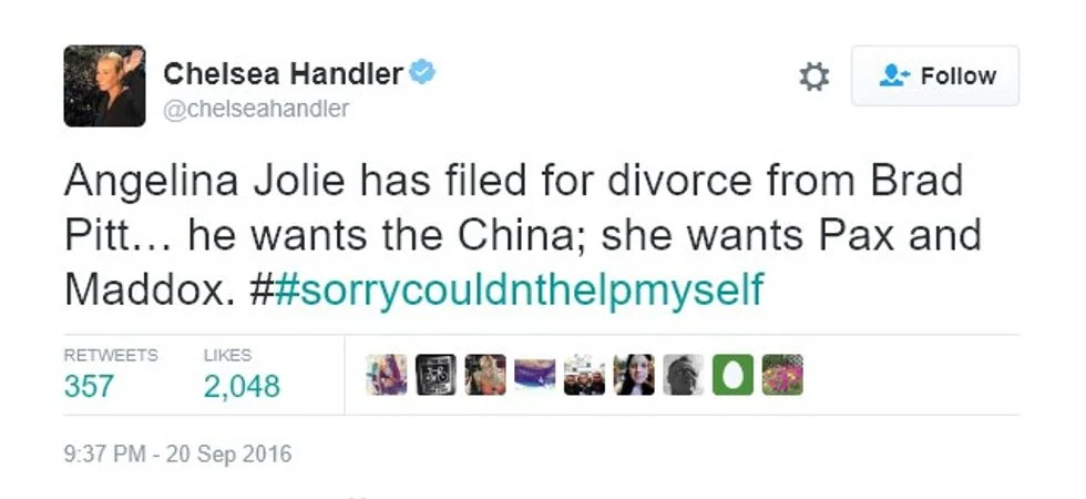 Chelsea Handler tweet about Brad Pitt and Angelina Jolie divorce