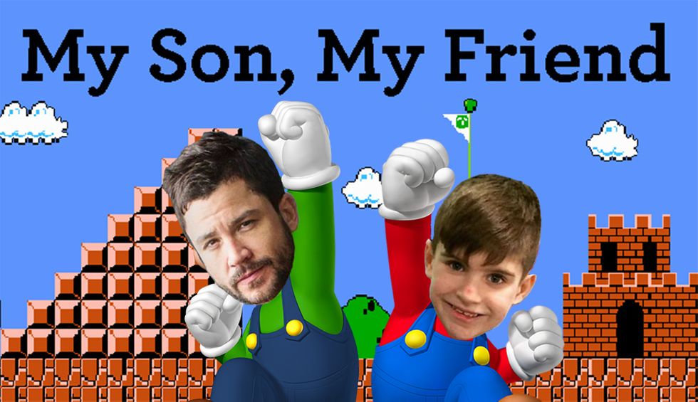Graphic of father and son as video game stars. My son, my friend