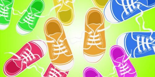 Cartoon image of many pairs of colorful childrens sneakers