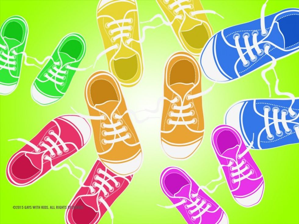 Cartoon image of many pairs of colorful childrens sneakers