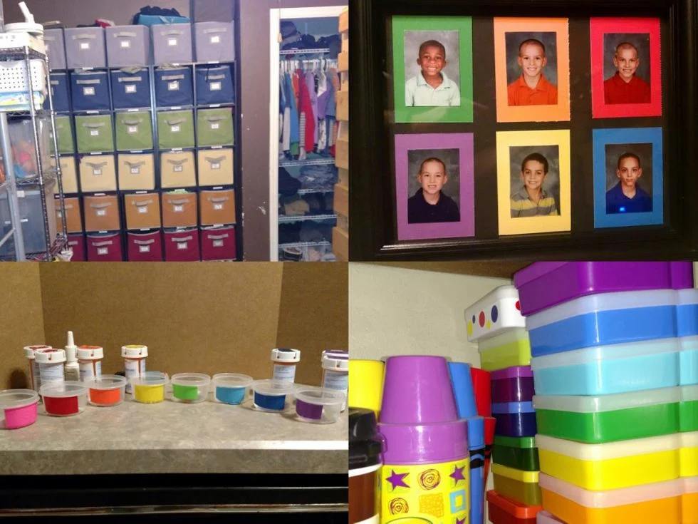 Collage of four picture of how a family organizes their six children's things by color to keep them all straight