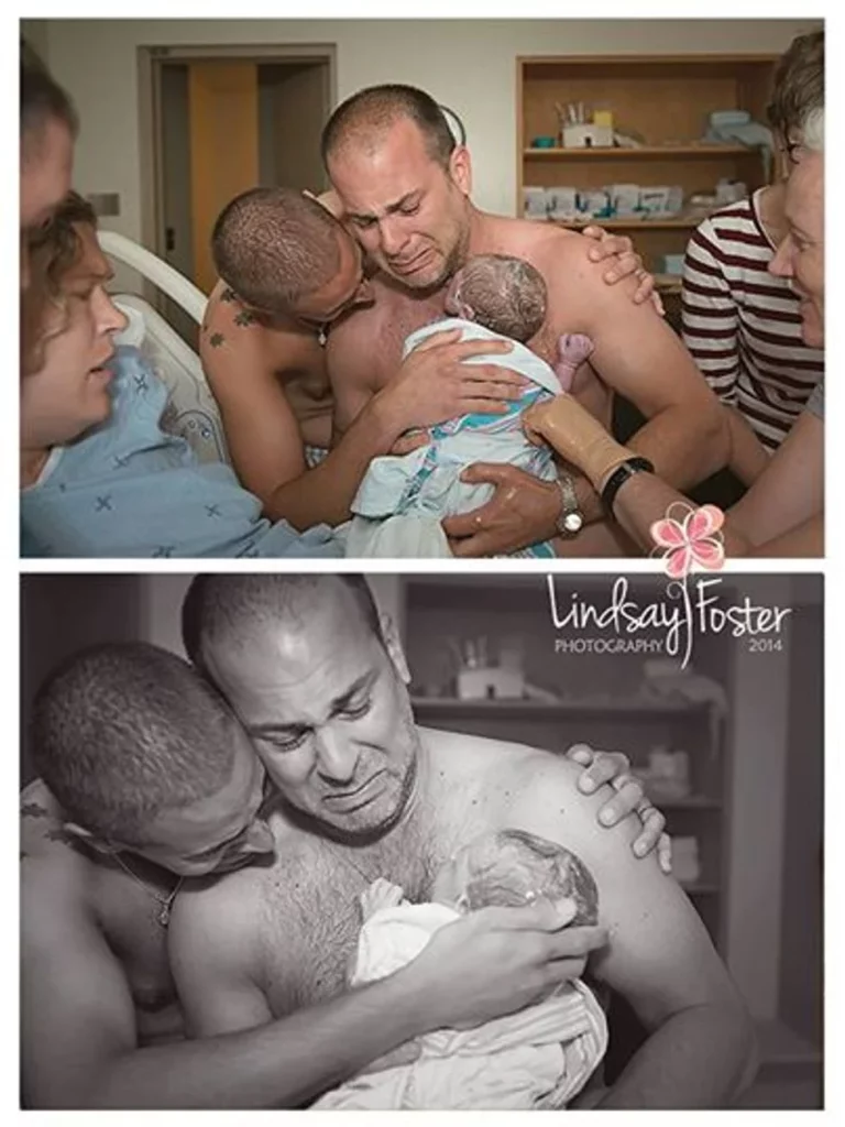 Two new dads going skin to skin with their newborn in hospital