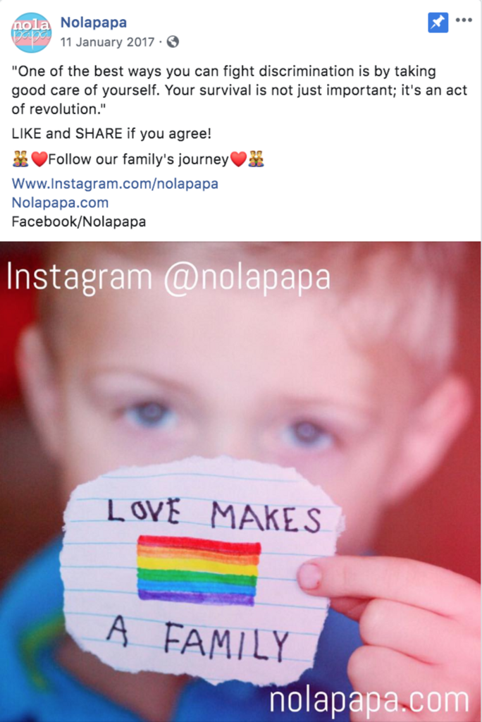 Instagram post featuring child holding a drawing love makes a family with pride flag