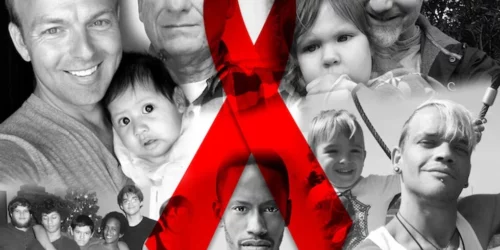 Black and white photo collage of gay dads with a red ribbon over the photo