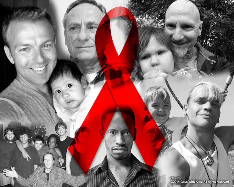 Black and white photo collage of gay dads with a red ribbon over the photo