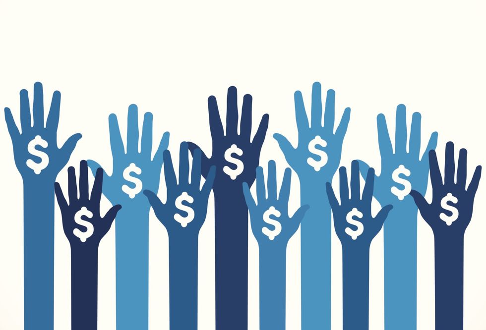 Illustration of hands raised with dollar signs on them