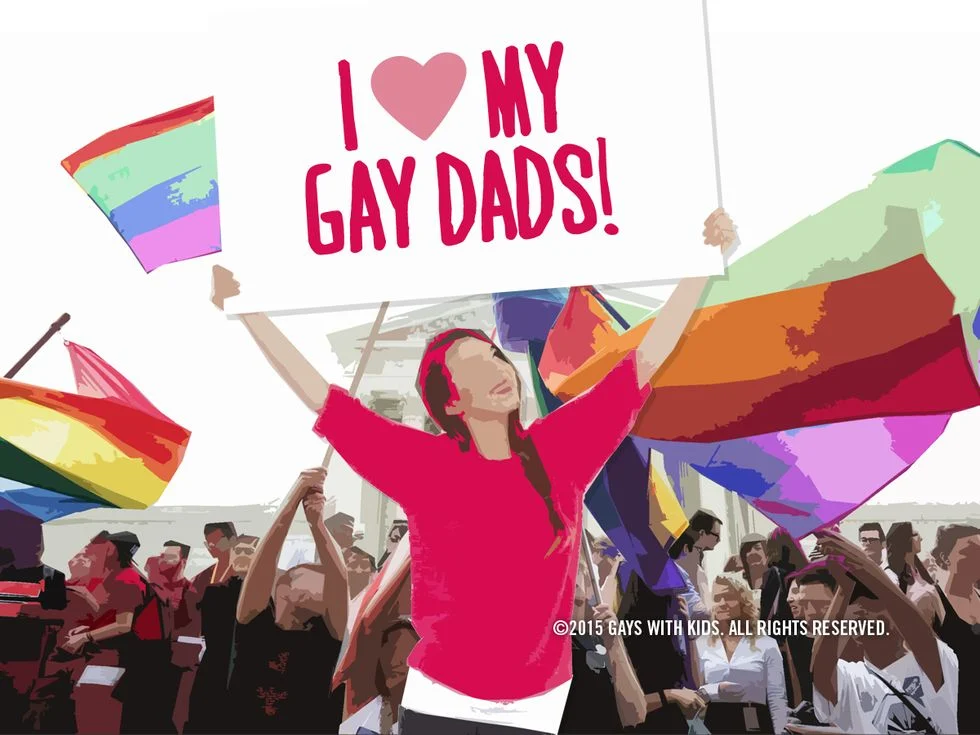 Watercolor of pride parade with woman holding sign I Love My Gay Dads