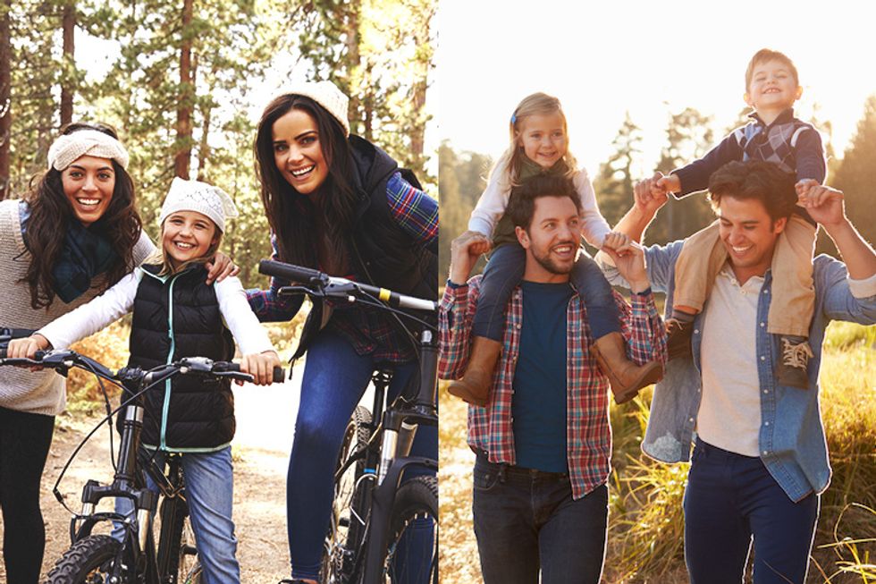 Side by side photos on the left two moms and their daughter on bicycles and on the right two dads each carrying a child on their shoulders