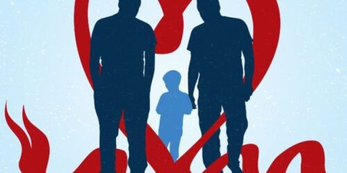 Graphic of red ribbon heart surrounding two men and a child