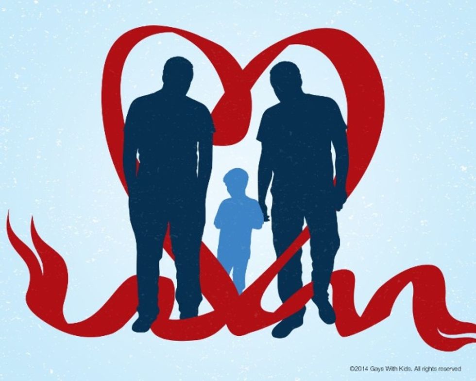 Graphic of red ribbon heart surrounding two men and a child